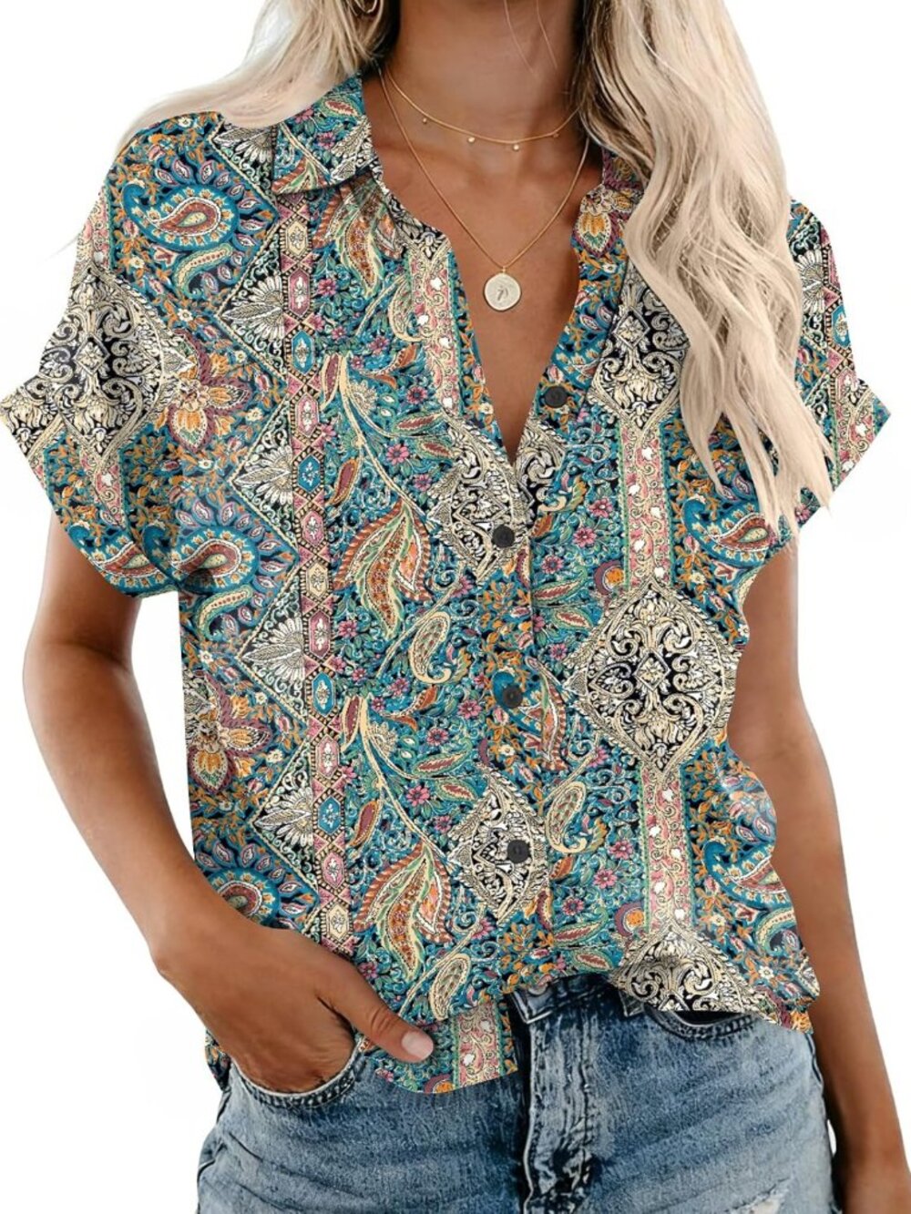 Casual Short Sleeve V-Neck Button Down Blouse - Stylish Collared Top for Women